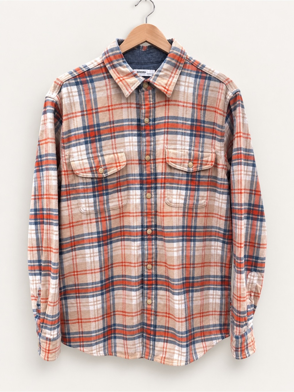 Men's Beige Plaid Button-Up Shirt with Blue & Orange Checks